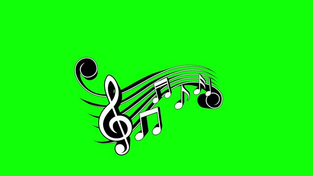 black and white musical notes animation. key note sound waves motion on green screen background. animated 4k chroma key