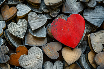 Pile of wooden hearts with a red heart in the middle. The red heart is surrounded by other hearts, creating a sense of unity and love