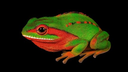 Obraz premium Vibrant green and red frog isolated on black background.