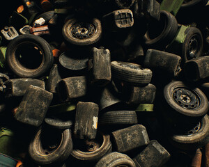 Tires and jerry cans on an industrial junkyard. Top view. 3D render.
