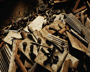 Junk on an industrial junkyard. High angle view. 3D render.