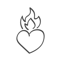 Heart shape with fire line icon. Decorative doodle illustration about love and passion. Vector on white background