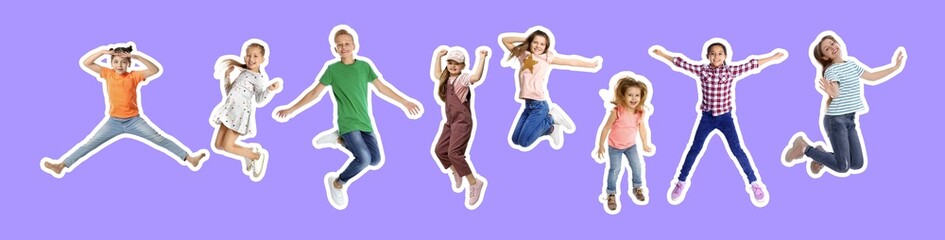 Happy kids with white outlines jumping on violet background. Banner design