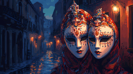 Illustration videogame style retro gaming bit vintage of venetian or brazilian carnival masks for festivities or masquerade shows. Venetian. Illustration