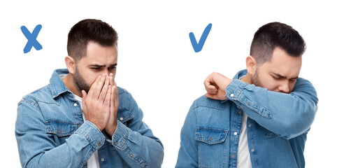Cough etiquette, cover mouth with elbow to prevent disease spreading. Man coughing into hands and...