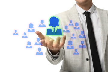 Human resource. Businessman choosing one virtual figure among others on white background, closeup