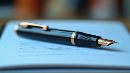 Black gold fountain pen close up writing on blue notebook business education office stationary background macro image