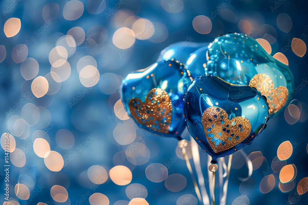 Wall mural bunch of balloons with gold hearts on them are floating in the air. the balloons are surrounded by a
