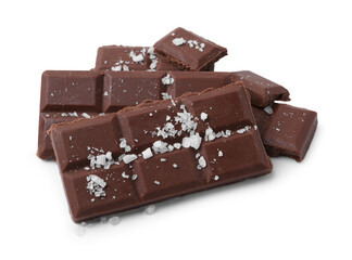 Pieces of chocolate with salt isolated on white