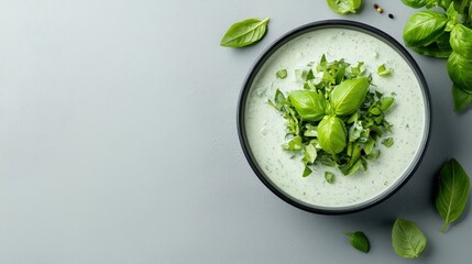 Obraz premium Creamy green soup garnished with fresh basil leaves in a dark bowl served on a minimalist grey background with copy space.