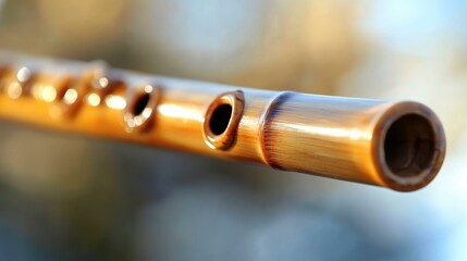 Naklejka premium Adhd music Frequency healing Myinstants EVALI Sound bath Psilocybin therapy Tunetank Amanotes Songtradr Riverside transcription Close-up of wooden bamboo flute with detailed holes, traditional musica