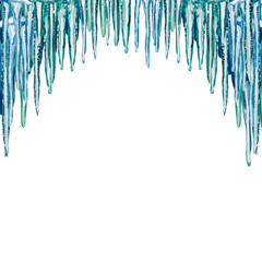 icicles frame winter blue and white christmas decoration isolated Hand drawn illustration on a transparent background