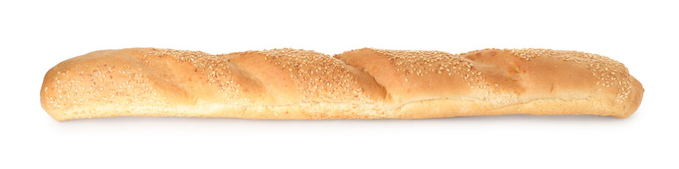 One fresh baguette with sesame isolated on white