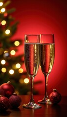 Celebrate the festive season with a cozy ambiance featuring sparkling champagne glasses and Christmas ornaments, perfect for holiday marketing and invitations.