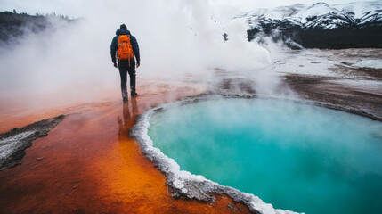 Obraz premium A lone hiker with an orange backpack walks near a steaming turquoise hot spring surrounded by snow, showcasing a mesmerizing mix of natural elements and color.