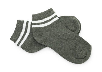 Pair of soft socks isolated on white, top view