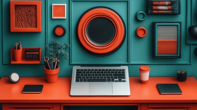 Modern workspace with silver laptop and orange office supplies organized neatly on teal desk, ideal for business presentations, remote work, productivity, creative projects, vibrant setting