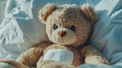 Obraz premium A plush teddy bear with a bandage resting comfortably on a bed, evoking a sense of comfort and care.