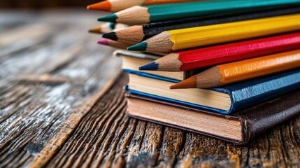 Fototapeta premium A stack of colorful notebooks and sharp colored pencils lying on a rustic wooden table surface.