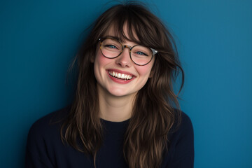 Obraz premium pretty brunette woman wearing glasses, smiling with teeth