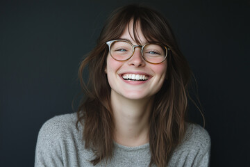 Fototapeta premium pretty brunette woman wearing glasses, smiling with teeth