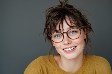 Fototapeta premium pretty brunette woman wearing glasses, smiling with teeth