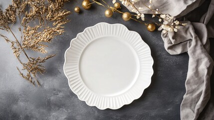Elegant white plate with a scalloped edge surrounded by decorative foliage and fabric.
