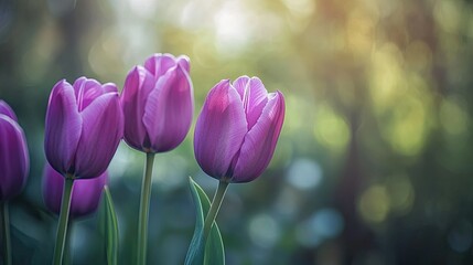 Fototapeta premium Purple tulip flowers growing in a spring forest, natural seasonal background