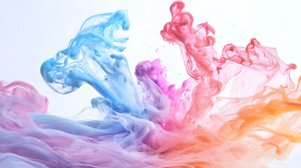 Fototapeta premium Abstract watercolor background with flowing smoke, ink, and liquid patterns in blue, black, and rainbow colors, creating a smooth and swirling design with light and mist effects