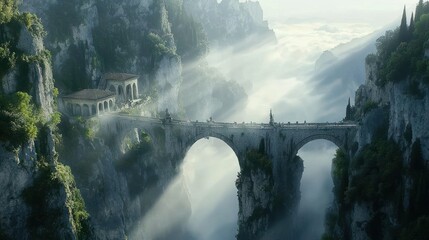 Misty mountain landscape with a grand bridge.