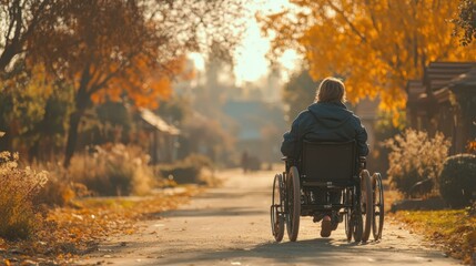 Fototapeta premium Elderly man in wheelchair wearing dark jacket moving outdoors on autumn path with orange leaves and warm sunlight perfect for healthcare, elderly care, rehab, fall season background