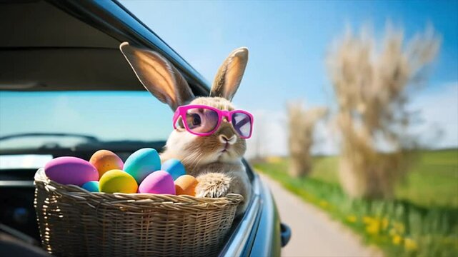 Playful Easter bunny with bright pink sunglasses enjoying a road trip, with a basket full of vibrant colorful Easter eggs. Easter animation
