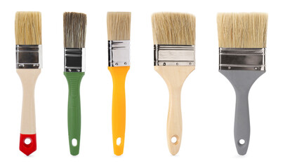 Different paint brushes isolated on white, set