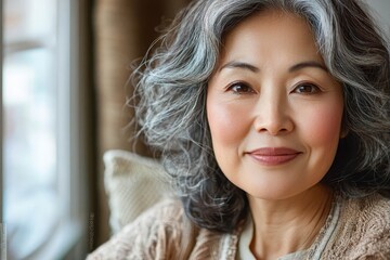 Vertical portrait of gorgeous happy middle aged mature asian woman, senior older 50 year lady.