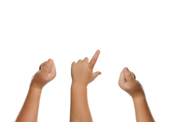 Kids showing hands on white background, closeup