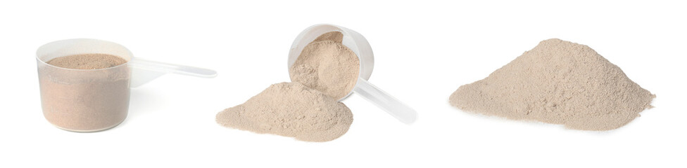 Protein powder and measuring scoop on white background, collage