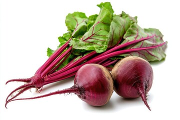 A vibrant red beetroot with fresh green stems, isolated on a clean white background