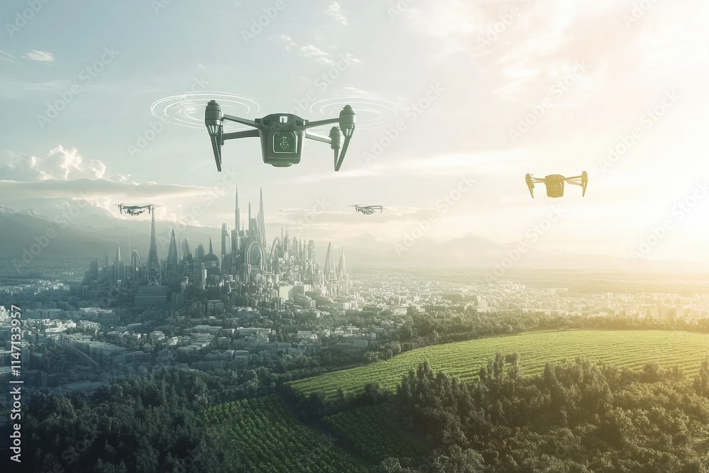Aufkleber Automated drones controlled by AI flying over a city and farm, delivering goods and monitoring the environment. Generative AI