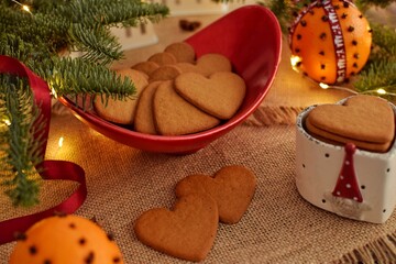 Heart shaped gingerbread cookie.Swedish pepparkakor heart shaped thins cookies with cinnamon,...