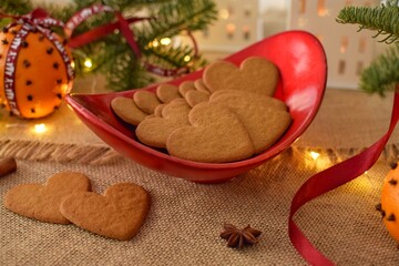 Heart shaped gingerbread cookie.Swedish pepparkakor heart shaped thins cookies with cinnamon, ginger and cloves.