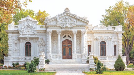 Fototapeta premium Ornate white palace facade with columns, steps, and landscaping.