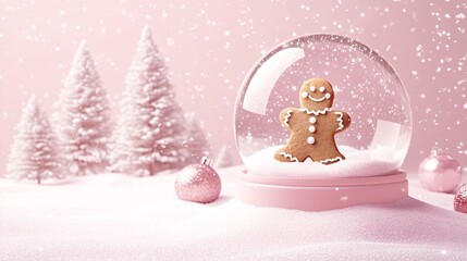 A whimsical gingerbread man in a snow globe, set against a pastel pink background with sparkling snow and festive trees.