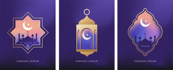 Ramadan Kareem window and lantern backgrounds. Modern Islamic greeting card template and wallpaper design. Poster and media banner vector illustration © Marina Zlochin