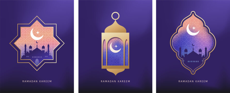 Ramadan Kareem window and lantern backgrounds. Modern Islamic greeting card template and wallpaper design. Poster and media banner vector illustration