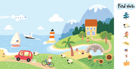 Find hidden objects items in the picture puzzle game quiz. Childs style vector illustration of paradise landscape with shore, blue sea, night sky. High mountains cozy harbor at beautiful sunny day.