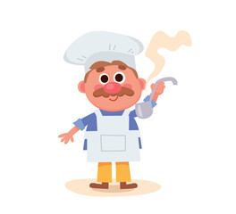 A cook the chef in a hood with a ladle in his hands stands isolated on a white background