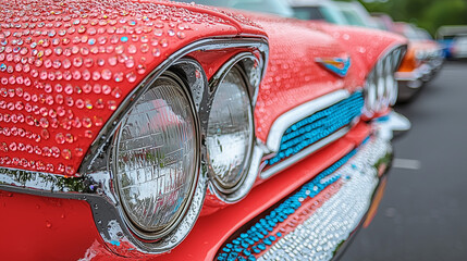 A close-up of a red car's hood and headlights, adorned with shimmering rhinestones that reflect light, creating a unique, sparkling effect on the vehicle's surface.