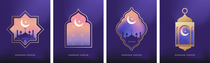 Ramadan Kareem window and lantern backgrounds. Modern Islamic greeting card template and wallpaper design. Poster and media banner vector illustration © Marina Zlochin