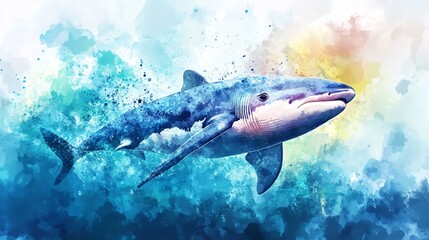 Fototapeta premium A majestic blue shark swims gracefully through vibrant, aquamarine waters, showcasing intricate details in its textured body.