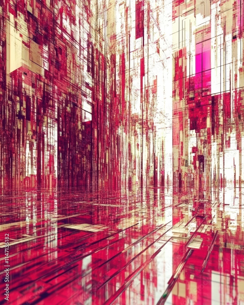 Poster glitches and reflections in a vibrant digital landscape of chaos and color